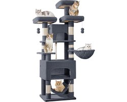 XXL Krabpaal 176cm met 3 Platformen, 2 Grotjes en Hangmat - Stevig Kattenverblijf Donkergrijs