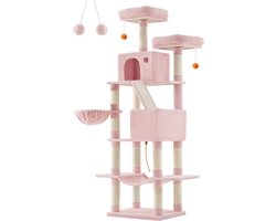 XXL krabpaal 206 cm - hoog Kattenboom met 13 krabpalen - 2 platforms - 2 grotten - mand - hangmat - pluche ballen - pastelroze