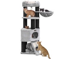 XXL krabpaal groot - krabpaal met pluizig uitkijkplatform - hangmat en knuffelgrot - Kattenboom - kattentoren - extra dikke stammen volledig omwikkeld met zwarte sisal - stabiel - lichtgrijs