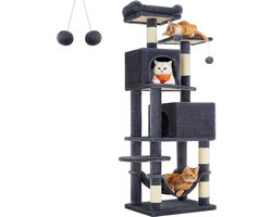 XXL Krabpaal - kattenboom met 5 krabzuilen - 2 platforms - 2 kattenholletjes 155 cm hoog- hangmat, 2 pluche ballen - pluche - design met meerdere verdiepingen - rookgrijs