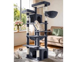Krabpaal: XXL Krabpaal voor katten 183 cm, grote kattenboom met 2 ligplateaus, 2 kattenhuizen, hangmand, sisal krabpalen en klimtrap, donkergrijs, hoge kattenmeubel voor binnenkatten 55 x 45 x 183 cm