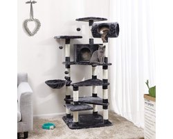 XXL Luxe Katten Krappaal Met Hangmat & Kattenhuisjes - Activity Center - Grote  Krappaal Klimpaal - 165 CM Hoog - Grijs/Zwart