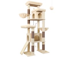 Krabton: XXL Reuze Krabpaal voor Grote Katten - Robuuste Krabtoren, 200 cm Hoog met 6 Krabpalen, 2 Krabholen, Hangmand, Platformen en Anti-Tip Kit-Beige.