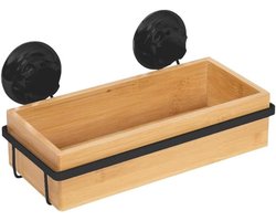 Zwarte wandmontage badkamer opbergplank met zuignapmontage, ondersteunt tot 12 kg - Bamboe en gepoedercoat ijzer, 276 x 148 x H. 5 inch, Zwart/Bruin (RAN10211)